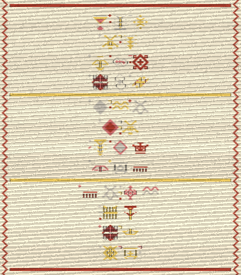 Emily Dickinson's poem, woven: three bands in madder, weld and rose on undyed cream