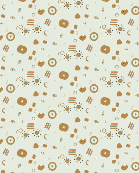 The opening of Alice's Adventures in Wonderland as an abstract print: blobs, brush marks and torn shapes in ochre, sage and apricot on pale green, in a half-drop repeat