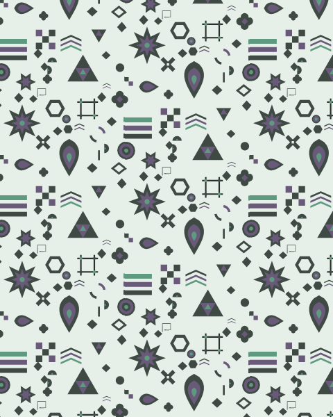Karacaoğlan's poem as a geometric print: rings, stars and bars in slate, plum and mint on pale green, in a half-drop repeat